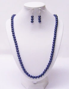 26 Inch Dark Blue Glass Pearl Necklace/Earrings Set - Picture 1 of 10