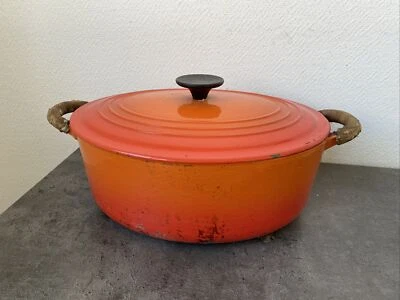 ancienne cocotte marmite fonte le creuset orange poignee corde ? cuisine - Photo 1/4