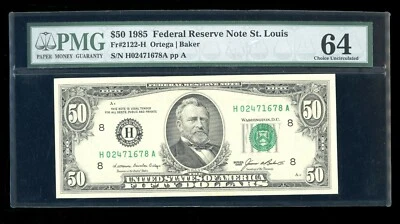 DBR 1985 $50 FRN St. Louis Fr. 2122-H PMG 64 Serial H02471678A - Image 1 of 2