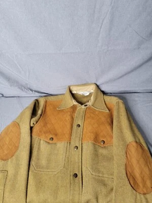 Camisa Woolrich Para Hombres Pequeña Lana Tiro a Presión Chamarra Gamuza Codo Parche Años 70 De Colección Foto 1 de 4