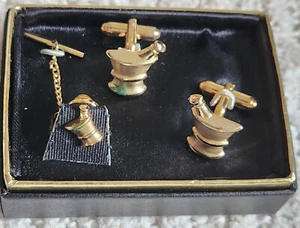 VINTAGE PHARMACY PHARMACIST Rx CUFFLINKS & TIE BAR CLIP, mortar & pestle - Bild 1 von 11