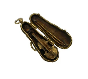 14k Gold Ruby Turquoise Violin & Case 3D Necklace Pendant Charm 1.5" 10g - Picture 1 of 11