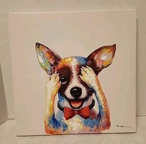 Quadro Joyce medio su tela cucciolo bulldog francese con fiocco firmato 16" x 16" - Foto 1 di 7