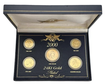 2000 5 piece 24 kt. Gold Plated U.S. Coin Year Set Penny Dime Quarter Dollar - Image 1 of 4
