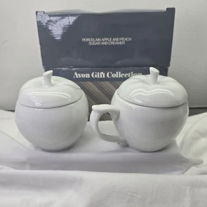 Vintage Apple Sugar and Peach Creamer Set with Lids White Porcelain Avon, New - Picture 1 of 20
