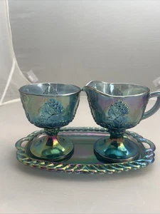 Vintage Indiana Glas blau Karneval Ernte Traube 3-teiliges Sahne & Zucker Set mit Tablett - Bild 1 von 8