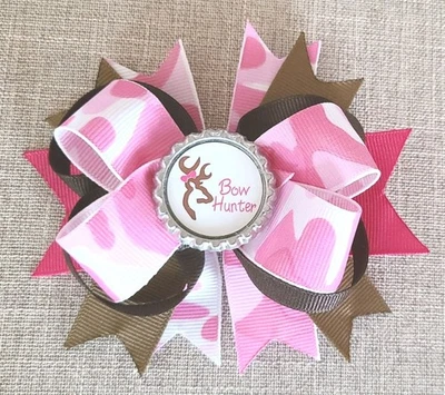🩷Chicas Ciervo Camuflado "Cazador de Arcos" Arco de Pelo Apilado Hecho a Mano Rosa Camuflaje Marrón Caza Foto 1 de 2
