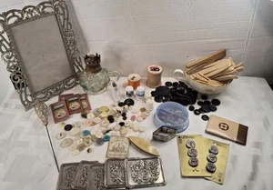 40+ Items Vintage Junk Drawer Lot Antique Buttons Frame Shuttle Thimbles +++ - Picture 1 of 14