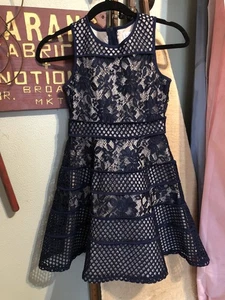 Blush by US Angels Navy Floral Lace Dress Over Taupe Knit Lining Girls Size 10 - Picture 1 of 7