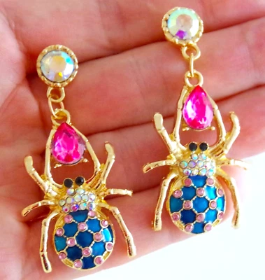 Lattice JEWEL Print SPIDER Pink Rhinestone Betsey Johnson Halloween Earrings - Image 1 of 4