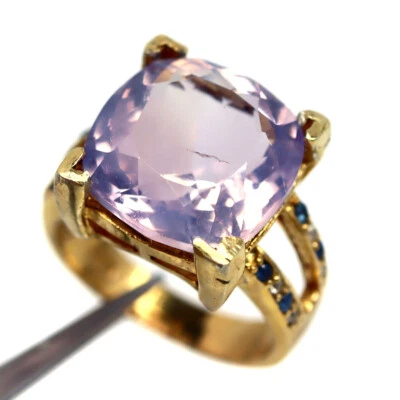 Pedra preciosa 14 x 14 mm. Anel de joias de quartzo lavanda e safira prata 925 tamanho 7,25 - Imagem 1 de 4