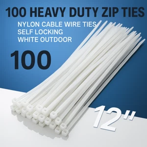 100 Pcs Heavy Duty Zip Ties 12" Nylon Cable Wire Ties Self Locking White Outdoor - Picture 1 of 10
