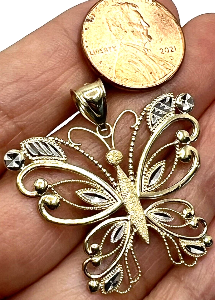 GoLD Mariposa Colgante 14k Sólido Collar Filigran Amarillo Blanco Regalo 1.35” Grande Foto 1 de 4