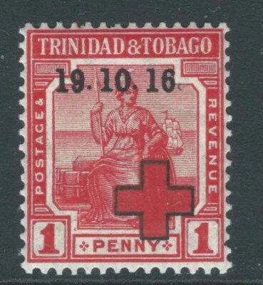 TRINIDAD & TOBAGO 1916 SG175e 1d scarlet opt red cross 2mm left lightly m/m c£20 - Изображение 1 из 2