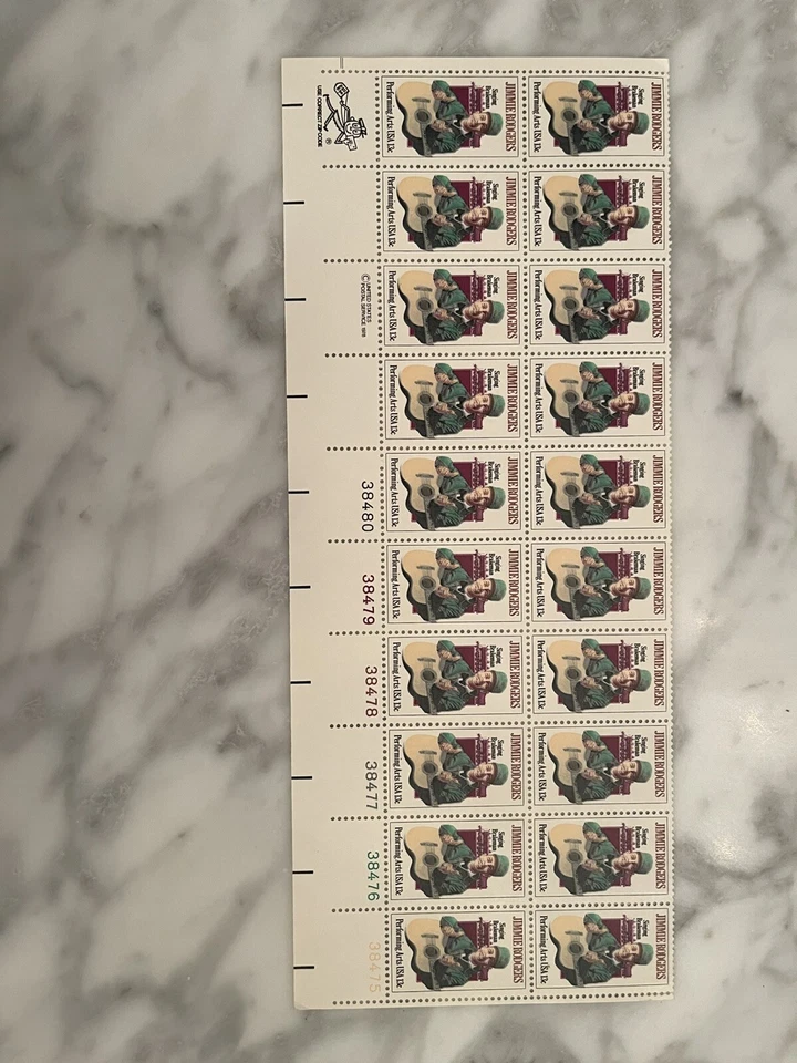 Scott #1755 Jimmie Rodgers Plate, Zip, Mail Early Block of 20 Stamps - MNH - Image 1 of 1