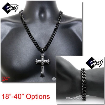 Collar Cubano Chapado en Negro 18-40" Acero Inoxidable 9mm Pulsera Colgante Cruz*J28 Foto 1 de 4