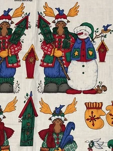 Merry Christmas Moose Panel Snowman Moose Appliques Sweater VTG Fabric Springs - Picture 1 of 12