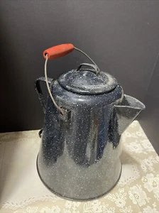 Granite Ware Dark Blue Speckled Coffee Pot Double Handle - 13 1/2" Vintage Red - Picture 1 of 7