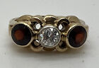 Retro 14k Yellow Gold Triple Stone Ring Set With Diamond -.25 And Two Garnets C6
