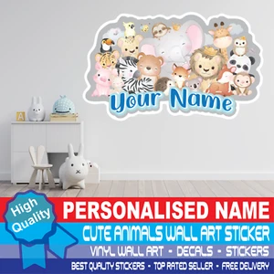 Personalised Cute Animals Name Bedroom Nursery Wall Sticker Boys Vinyl Wall Art - Picture 1 of 3