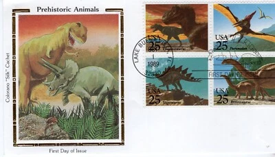 USPS FDC Colorano Silk #2422-25 1989 25c Prehistoric Animals Set of 4 ST3041 - Image 1 of 2