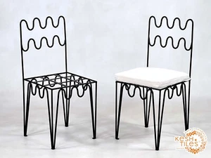 SET OF HANDMADE IRON CHAIRS - Wrought Iron WAVE Chairs With Free Cushions - Picture 1 of 10