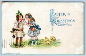 POSTAL DE SALUDOS DE PASCUA DE 1915 FIRMADA POR EL ARTISTA FRANCES BRUNDAGE BABY CHICK NIÑAS - Imagen 1 de 2
