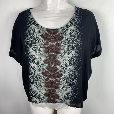 Mossimo Womens Top Sz XL Brown Abstract Animal Print Loose Fit Short Sleeve - Image 1 of 4