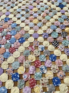 Vintage Penny Yo Yo Fabric Quilt Coverlet Full Queen Bedspread Hand Stitch 80x88 - Picture 1 of 23