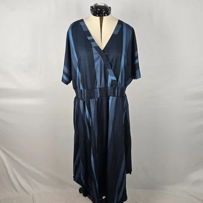 Bloomchic Dress Women's 3X Blue Striped Short Sleeve Shirred Flutter Wrap NWT - Image 1 of 4