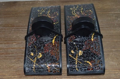 Wall Candle Sconce Mosaic Crackle Glass Metal Brown Wine Set of 2 Art Deco - Image 1 of 4