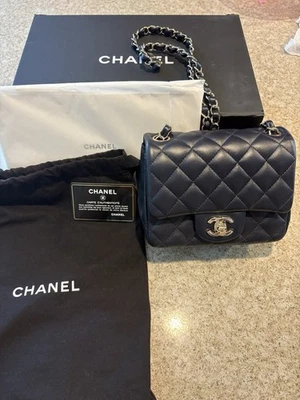 Chanel Lambskin Mini Square Flap Bag Navy Blue with Light Gold Hardware Used - Image 1 of 4