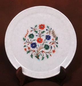 9" Marble Serving Plate Handmade Semi Precious Gemstone Inlay Home Decor - Picture 1 of 5