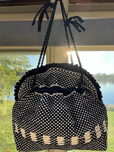 Vintage Handmade Woven Purse With Drawstring Navy And White - Picture 1 of 7