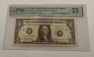1999 E  Star Note Ink Error  One Dollar Bill certified-one dollar bill ink error - Image 1 of 4