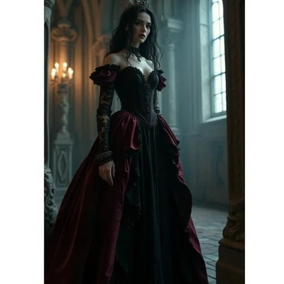 Medieval Wedding Dresses Burgundy And Black Gothic Off-Shoulder Bridal Gowns - Image 1 of 4