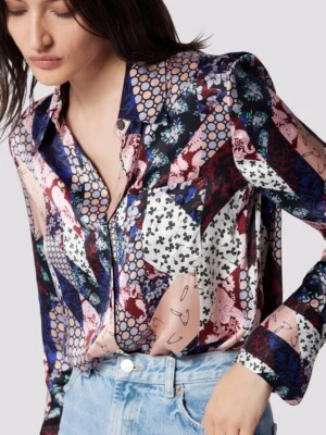 Nuevo EQ Equipo Estampado Color Contraste 100% Seda Satén Manga Larga Camisa Blusas Foto 1 de 4