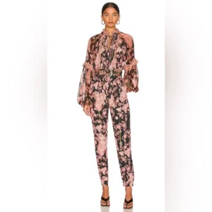 $393 NWOT XS Hemant & Nandita Black Pink Floral Metallic Luana Belted Jumpsuit - Picture 1 of 16