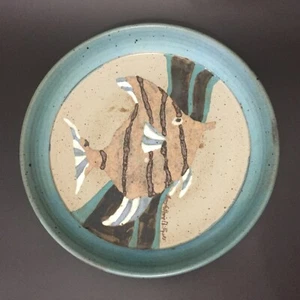 Vintage 80s Studio Thrown Pottery Art Large Angelfish Plate Tropical Fish Signed - Picture 1 of 9