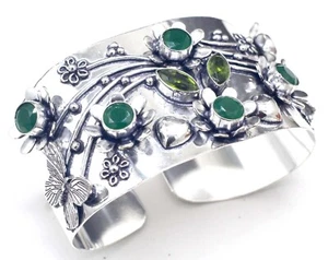 925 Sterling Silver Emerald & Peridot Gemstone Jewelry Cuff Bracelet Size-ADJ - Picture 1 of 7