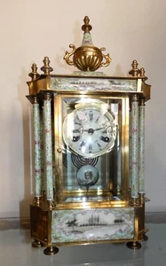 34171-Beautiful CLOISONNE-ENAMEL/BRONZE GLASS PENDULUM-8 COLUMN TABLE CLOCK-51cm H - Picture 1 of 20