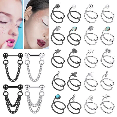 Pair Surgical Steel Double Spiral Nose Ring Chain Septum Cartilage Hoop Piercing - Image 1 of 4