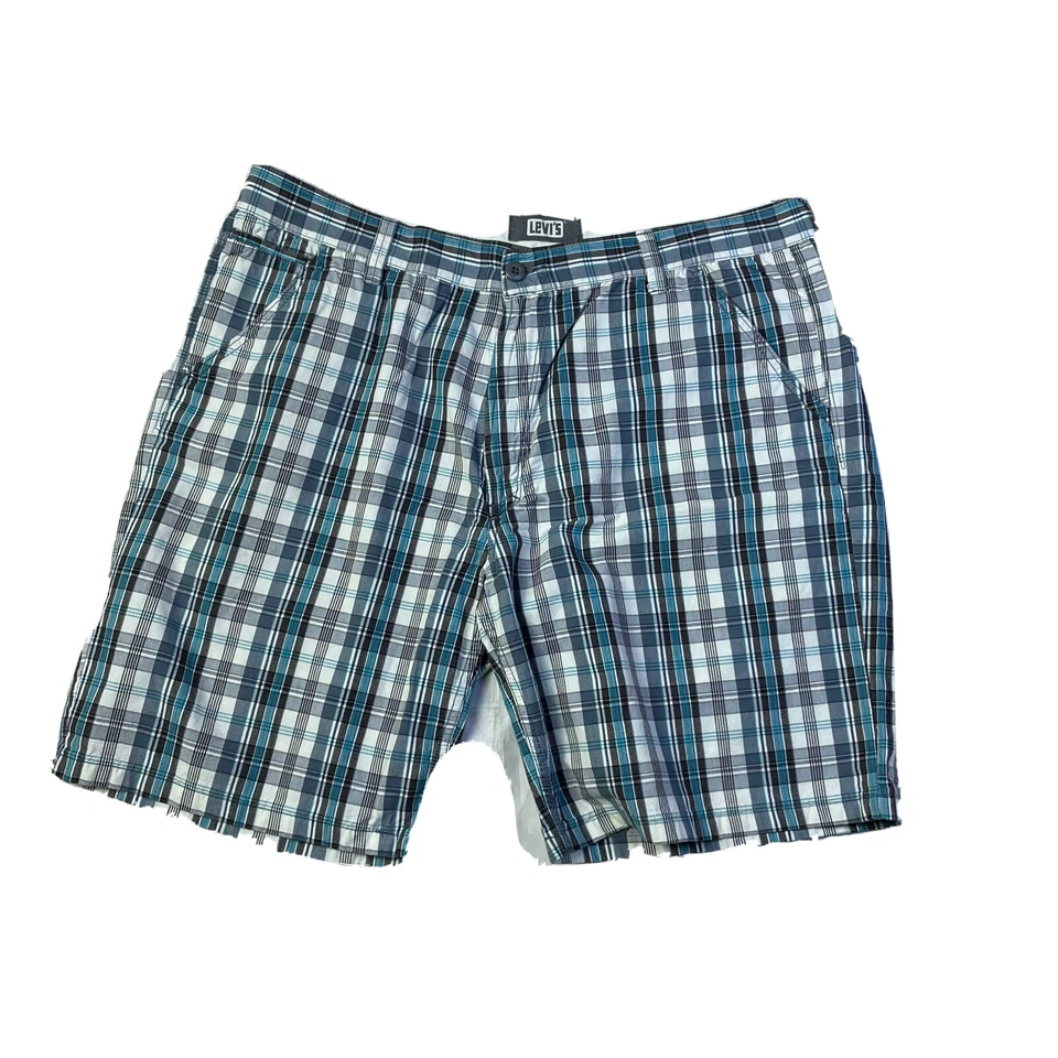 Bermudas Levis a Cuadros Pantalones Cortos Para Hombre 42 Azul Blanco Gris Cuadros Algodón Frente Plano Foto 1 de 4