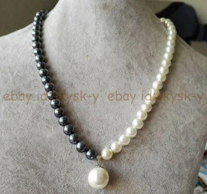 8/10/12mm Black White South Sea Shell Pearl Round Beads Pendant Necklace 18'' - Picture 1 of 9
