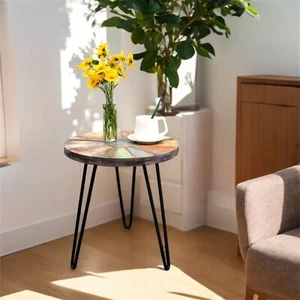Greenage Solid Reclaimed Wood Side End Table Nightstand Round Sun Flower 20" H - Picture 1 of 17