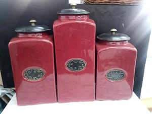 PIER 1 Import Rustic Brick Red 3 Ceramic Canister Jars Lids Set - Picture 1 of 8