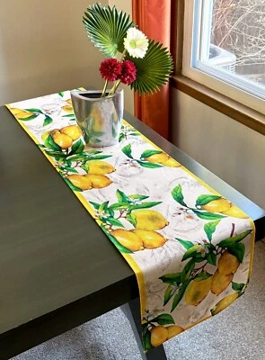 Elegant Vibrant Lush Mediterranean Lemons on Tree Blossoms 72" Table Runner New - Image 1 of 4