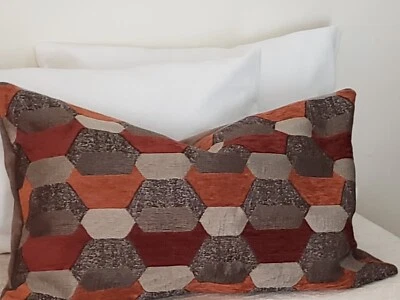 Rustic Brown Velvet Jacquard Upholstery Geometric Print Accent  Pillow Covers . - Image 1 of 4