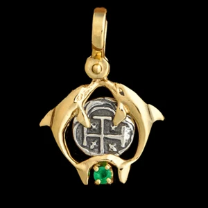 Atocha Jewelry - Small Silver Coin 14K Gold Double Dolphin Pendant with Emerald - Picture 1 of 6