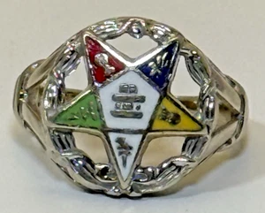 Vintage 10K White Gold And Multi Color Enamel Order Of Eastern Star Masonic Ring - Picture 1 of 11